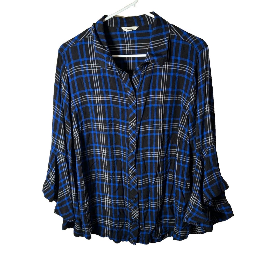 Cato Shirt Women's 18/20W Button Up Plaid Ruffle 3/4 Sleeve Collared Casual Top